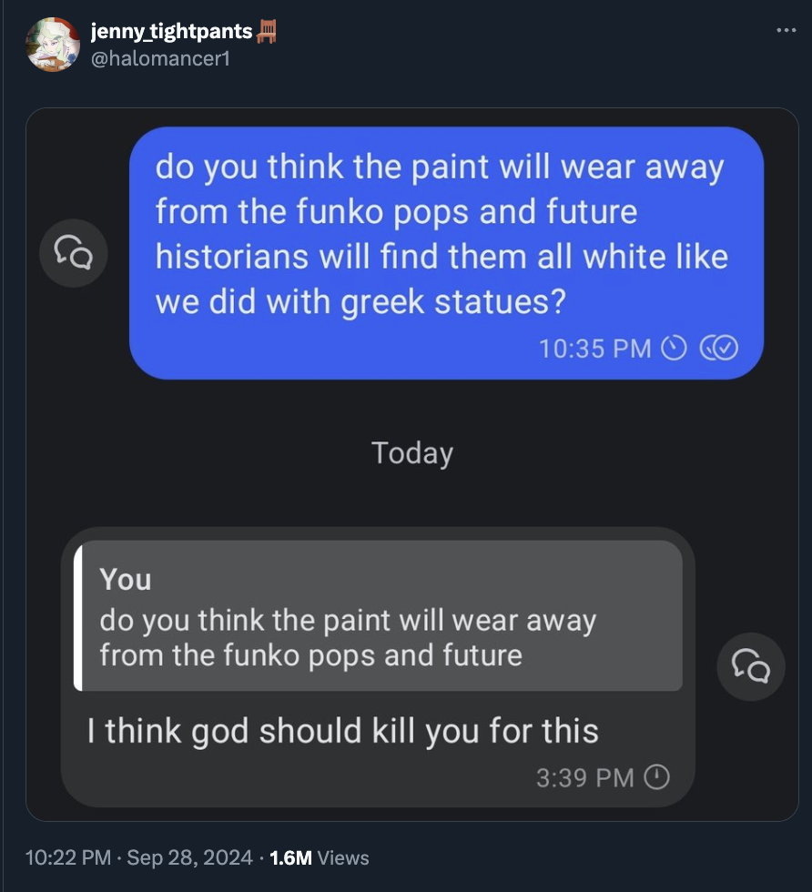 screenshot - jenny tightpants do you think the paint will wear away from the funko pops and future historians will find them all white we did with greek statues? Today You do you think the paint will wear away from the funko pops and future I think god sh